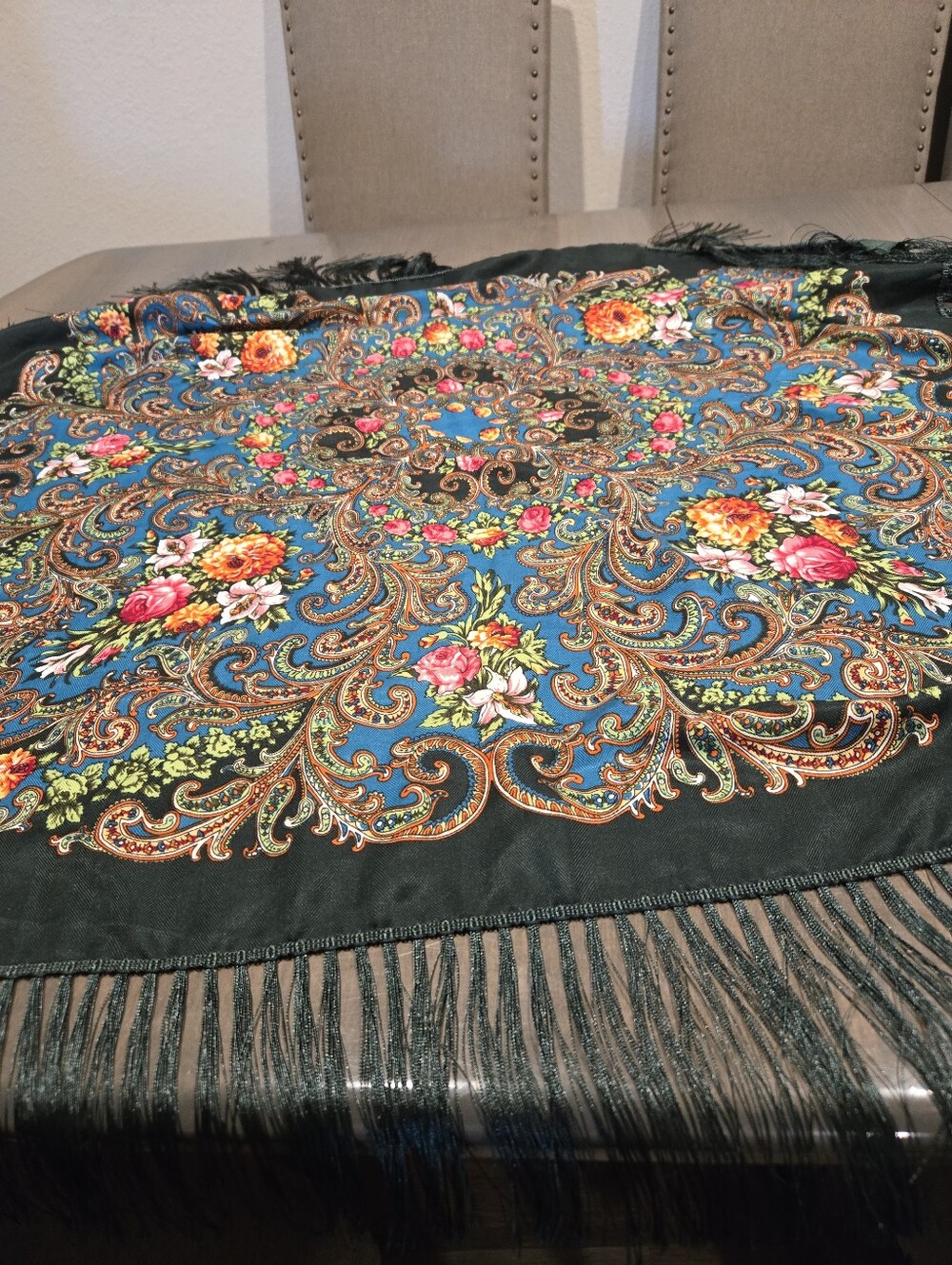 Beautiful Russian Wool Floral And Paisley Shawl.  35"